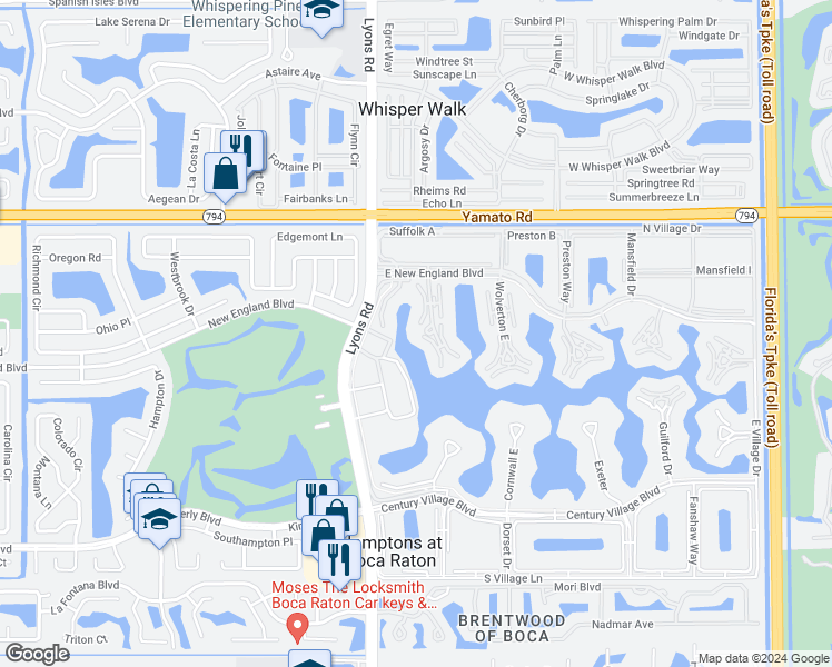 map of restaurants, bars, coffee shops, grocery stores, and more near 19146 Lyons Road in Boca Raton
