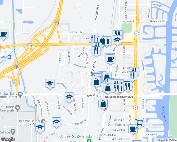 map of restaurants, bars, coffee shops, grocery stores, and more near 215 Northwest 45th Street in Boca Raton