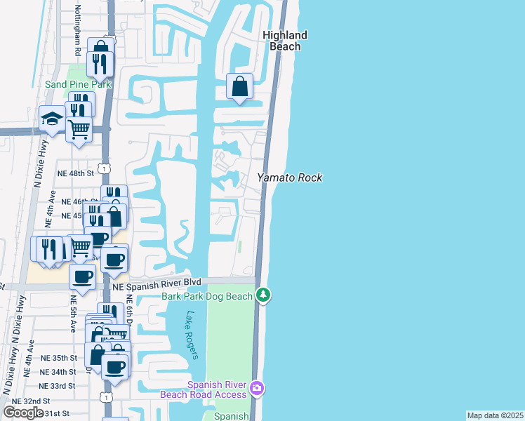 map of restaurants, bars, coffee shops, grocery stores, and more near 4001 North Ocean Boulevard in Boca Raton