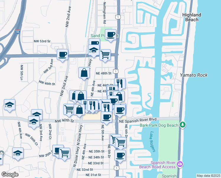 map of restaurants, bars, coffee shops, grocery stores, and more near 559 Northeast 44th Street in Boca Raton
