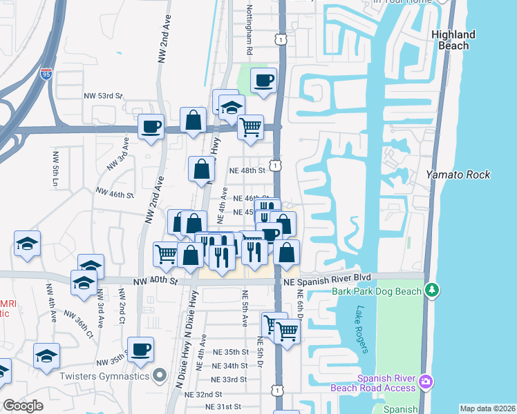 map of restaurants, bars, coffee shops, grocery stores, and more near 559 Northeast 44th Street in Boca Raton
