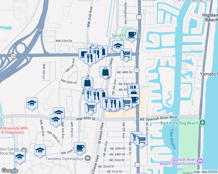 map of restaurants, bars, coffee shops, grocery stores, and more near 4650 North Dixie Highway in Boca Raton