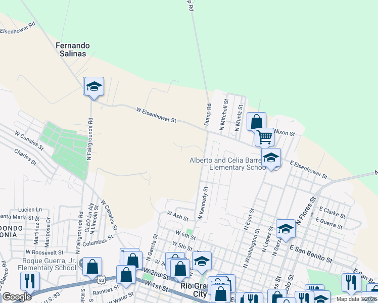 map of restaurants, bars, coffee shops, grocery stores, and more near 1561 Old Charco Blanco Road in Rio Grande City