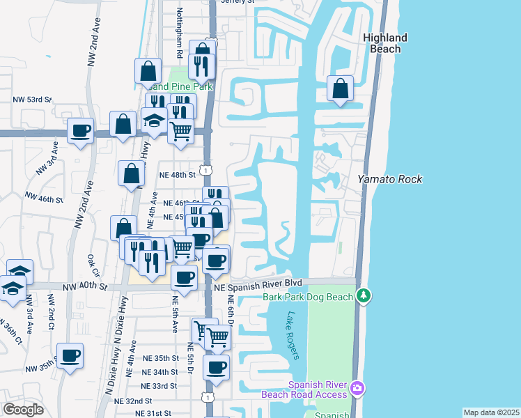 map of restaurants, bars, coffee shops, grocery stores, and more near 799 Northeast 45th Road in Boca Raton
