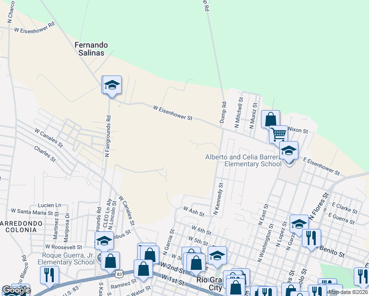 map of restaurants, bars, coffee shops, grocery stores, and more near 24 Rosa Salinas Road in Rio Grande City