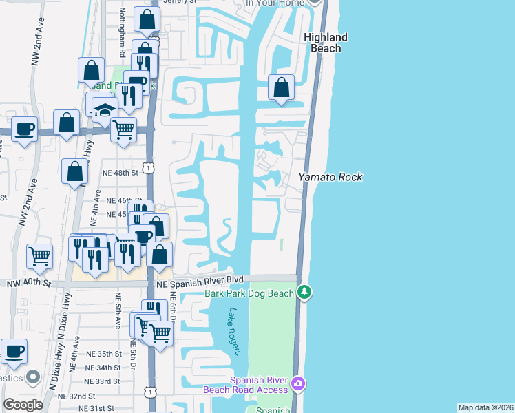 map of restaurants, bars, coffee shops, grocery stores, and more near 4501 North Ocean Boulevard in Boca Raton
