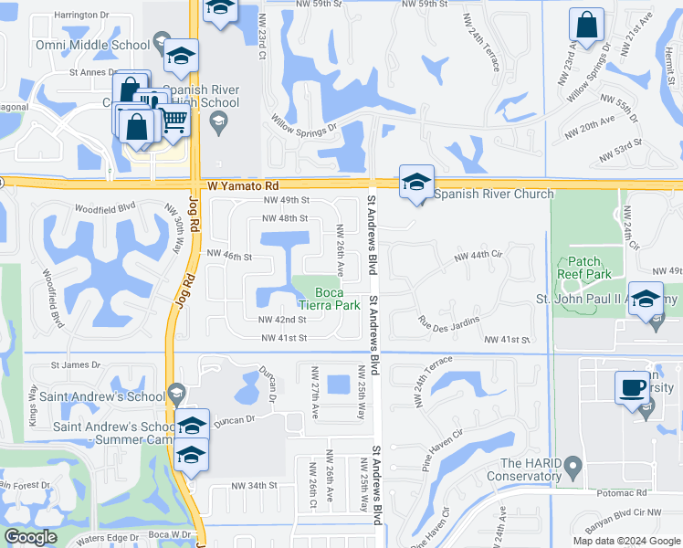map of restaurants, bars, coffee shops, grocery stores, and more near Northwest 45th Street in Boca Raton