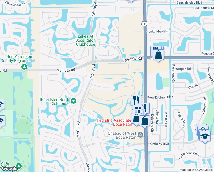 map of restaurants, bars, coffee shops, grocery stores, and more near 10385 Milburn Lane in Boca Raton