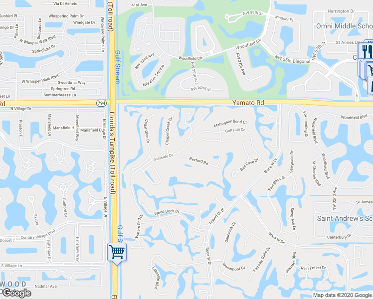 map of restaurants, bars, coffee shops, grocery stores, and more near 7607 Rexford Road in Boca Raton