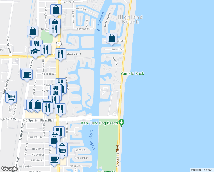 map of restaurants, bars, coffee shops, grocery stores, and more near 4401 North Ocean Boulevard in Boca Raton