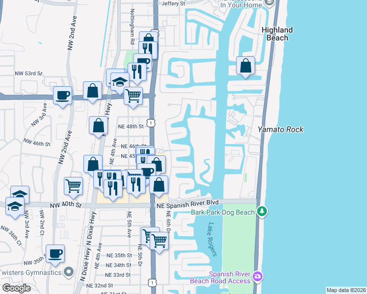 map of restaurants, bars, coffee shops, grocery stores, and more near 647 Northeast 45th Road in Boca Raton