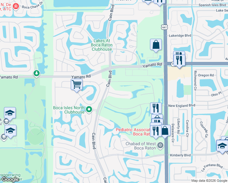map of restaurants, bars, coffee shops, grocery stores, and more near 10481 Milburn Lane in Boca Raton
