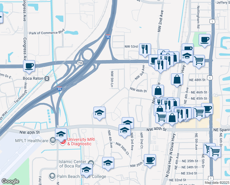 map of restaurants, bars, coffee shops, grocery stores, and more near 530 Northwest 46th Street in Boca Raton