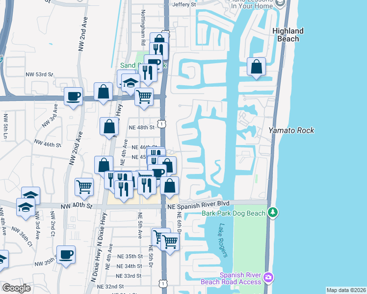 map of restaurants, bars, coffee shops, grocery stores, and more near 647 Northeast 45th Road in Boca Raton