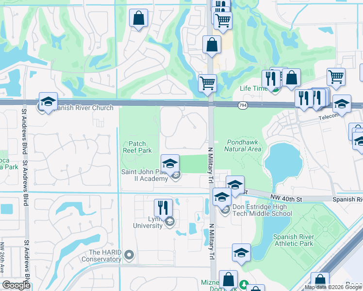 map of restaurants, bars, coffee shops, grocery stores, and more near 2403 Northwest 49th Lane in Boca Raton