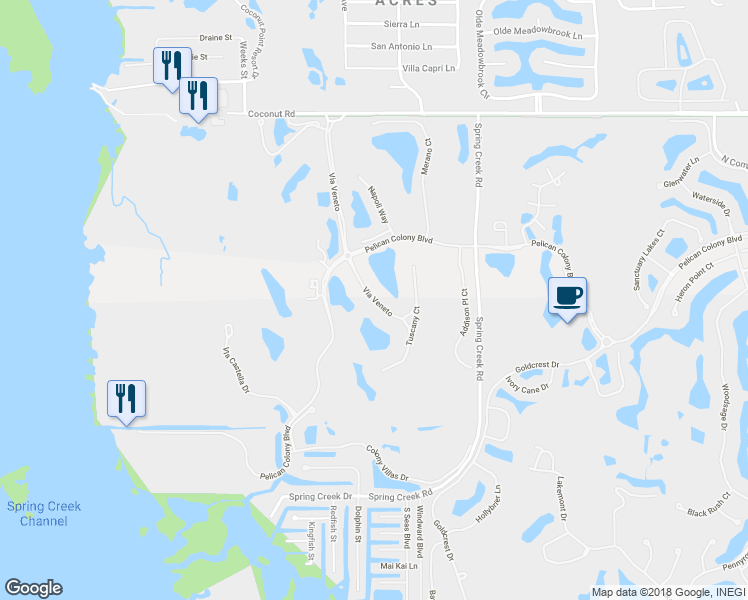 map of restaurants, bars, coffee shops, grocery stores, and more near 23851-23873 Via Veneto in Bonita Springs