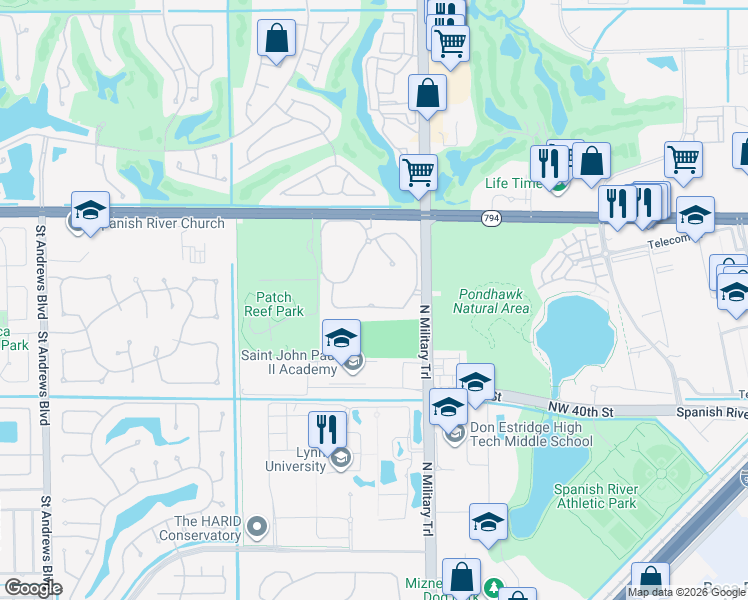 map of restaurants, bars, coffee shops, grocery stores, and more near 2403 Northwest 49th Lane in Boca Raton