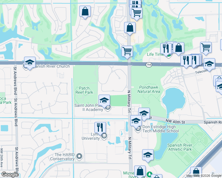 map of restaurants, bars, coffee shops, grocery stores, and more near 2403 Northwest 49th Lane in Boca Raton