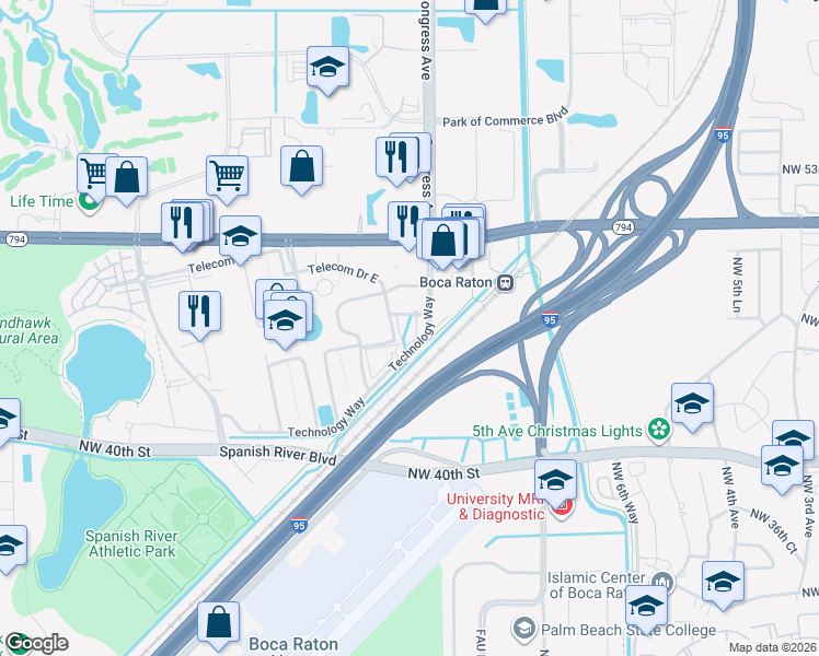 map of restaurants, bars, coffee shops, grocery stores, and more near 4855 Technology Way in Boca Raton