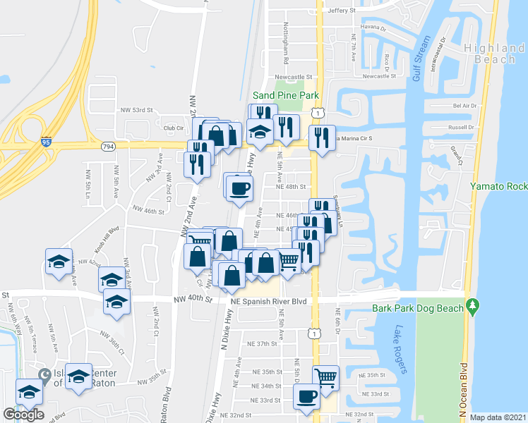 map of restaurants, bars, coffee shops, grocery stores, and more near 461 Northeast 46th Street in Boca Raton