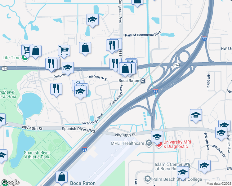 map of restaurants, bars, coffee shops, grocery stores, and more near 4855 Technology Way in Boca Raton