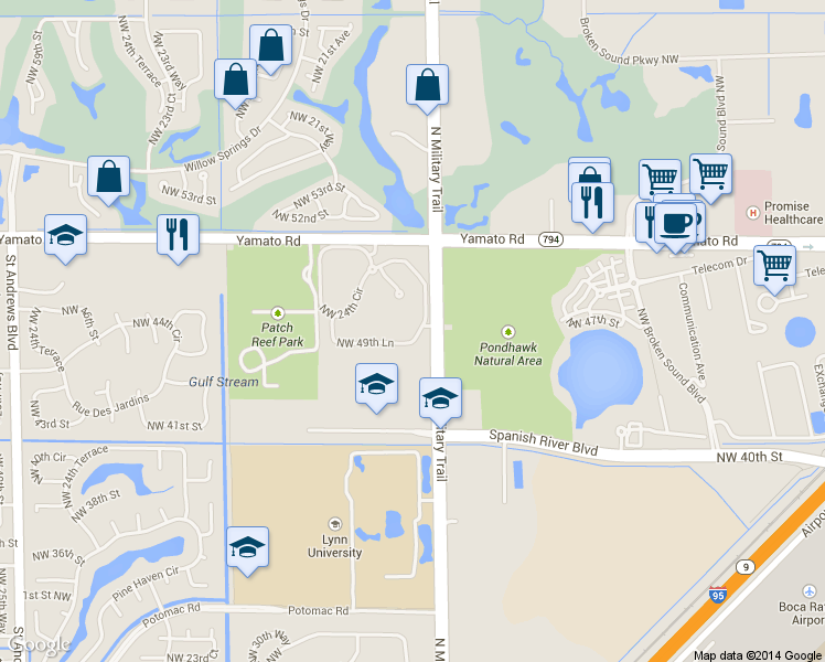 map of restaurants, bars, coffee shops, grocery stores, and more near 2381 Northwest 49th Lane in Boca Raton