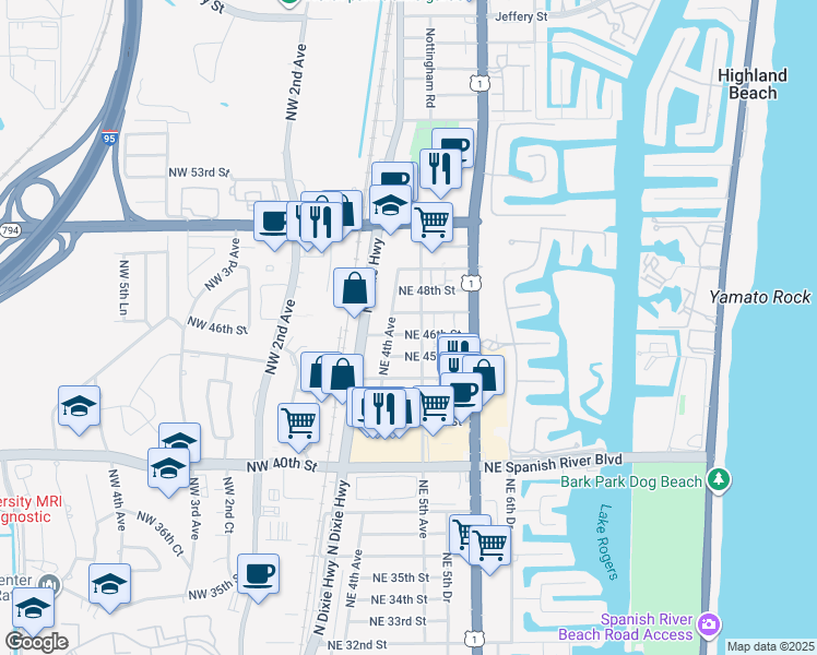 map of restaurants, bars, coffee shops, grocery stores, and more near 461 Northeast 46th Street in Boca Raton