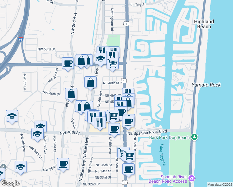 map of restaurants, bars, coffee shops, grocery stores, and more near 559 Northeast 46th Street in Boca Raton