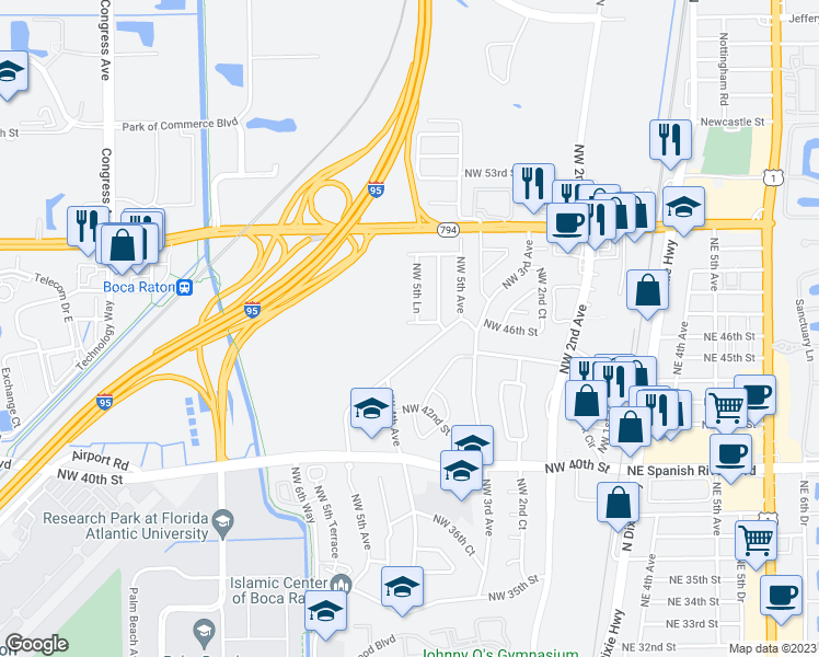 map of restaurants, bars, coffee shops, grocery stores, and more near 574 Northwest 46th Street in Boca Raton