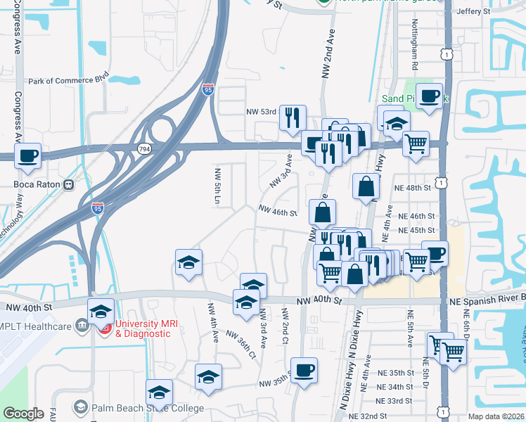 map of restaurants, bars, coffee shops, grocery stores, and more near 292 Northwest 46th Street in Boca Raton