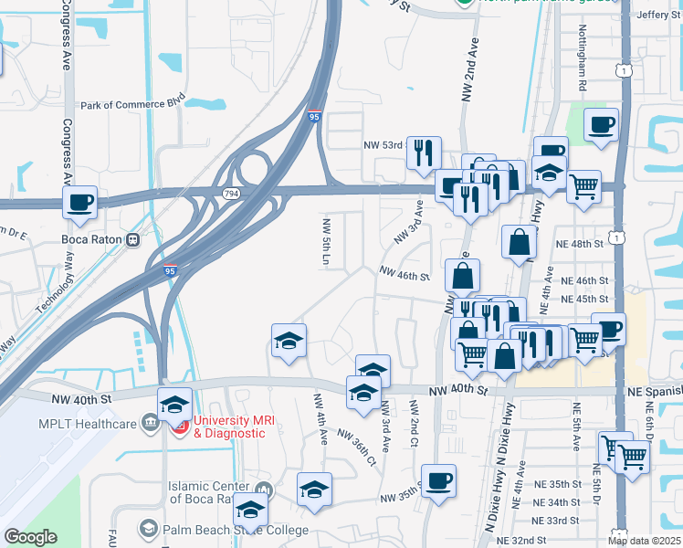 map of restaurants, bars, coffee shops, grocery stores, and more near 530 Northwest 46th Street in Boca Raton