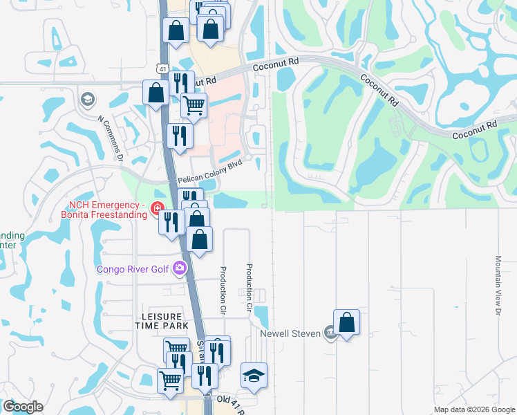 map of restaurants, bars, coffee shops, grocery stores, and more near 24174 Production Circle in Bonita Springs