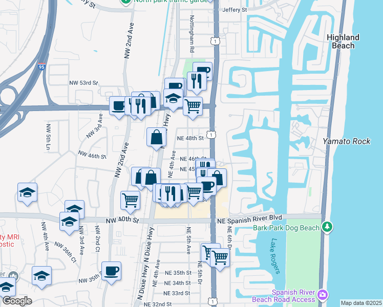 map of restaurants, bars, coffee shops, grocery stores, and more near 461 Northeast 46th Street in Boca Raton