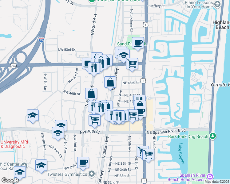 map of restaurants, bars, coffee shops, grocery stores, and more near 4650 North Dixie Highway in Boca Raton
