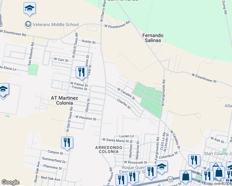 map of restaurants, bars, coffee shops, grocery stores, and more near 1576 Charles Street in Rio Grande City