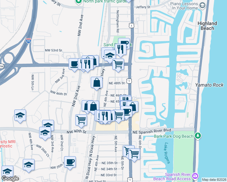 map of restaurants, bars, coffee shops, grocery stores, and more near 461 Northeast 46th Street in Boca Raton