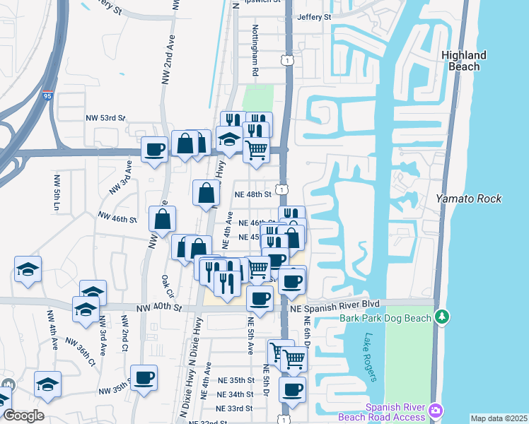 map of restaurants, bars, coffee shops, grocery stores, and more near 530 Northeast 47th Street in Boca Raton