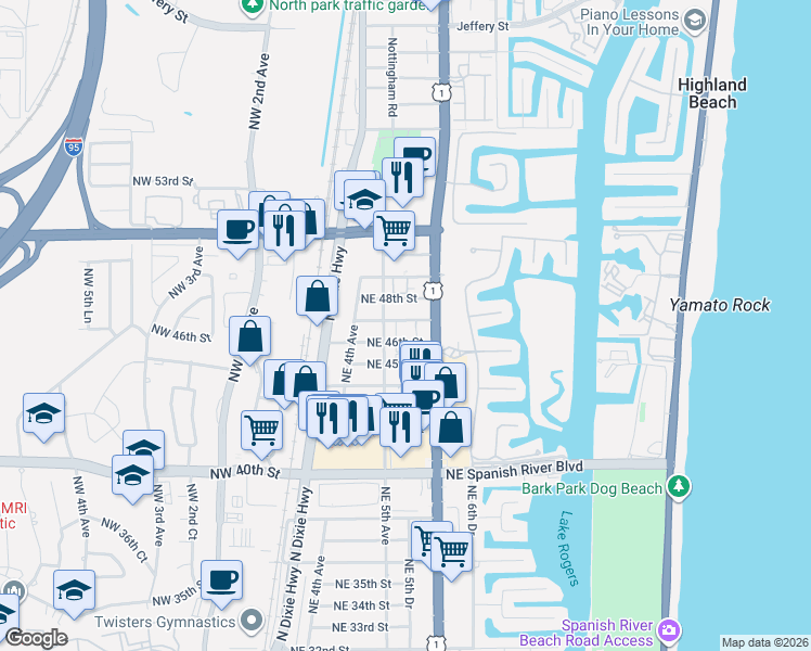 map of restaurants, bars, coffee shops, grocery stores, and more near 530 Northeast 47th Street in Boca Raton