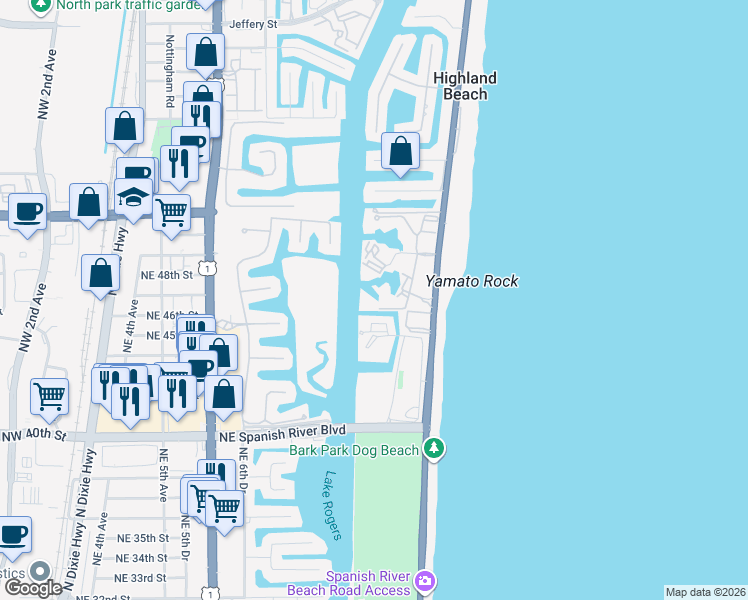 map of restaurants, bars, coffee shops, grocery stores, and more near 4750 South Ocean Boulevard in Highland Beach