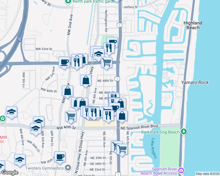 map of restaurants, bars, coffee shops, grocery stores, and more near 559 Northeast 46th Street in Boca Raton