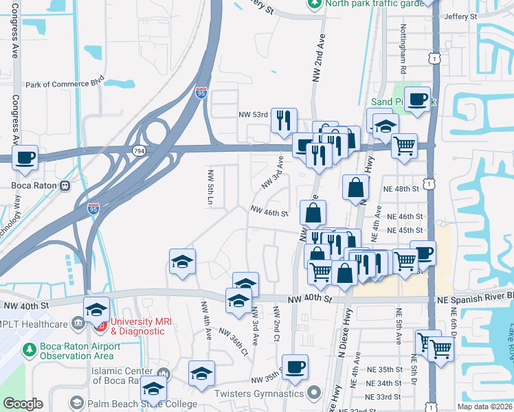 map of restaurants, bars, coffee shops, grocery stores, and more near 292 Northwest 46th Street in Boca Raton