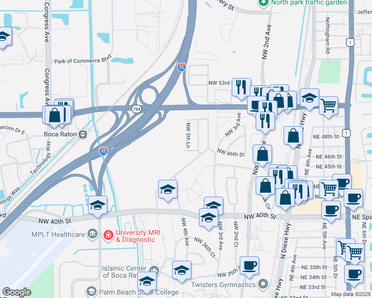 map of restaurants, bars, coffee shops, grocery stores, and more near 574 Northwest 46th Street in Boca Raton