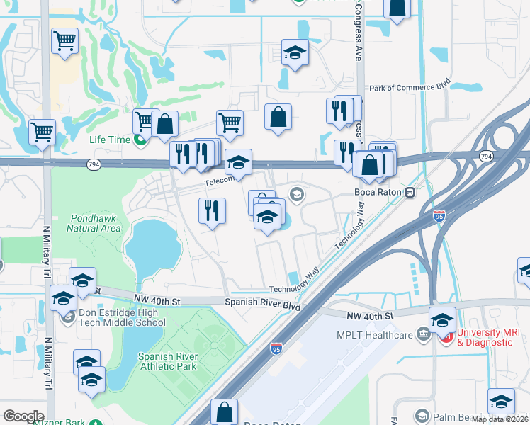 map of restaurants, bars, coffee shops, grocery stores, and more near 5000 T-Rex Avenue in Boca Raton