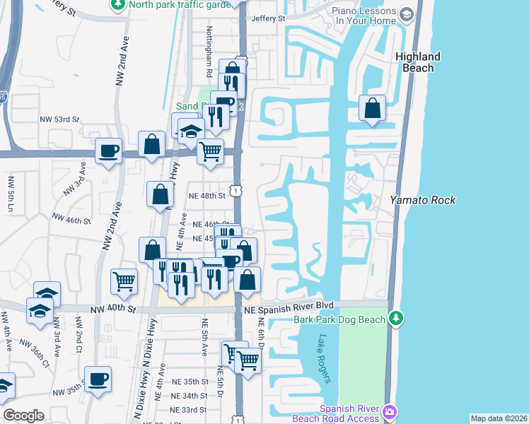 map of restaurants, bars, coffee shops, grocery stores, and more near 647 Northeast 45th Road in Boca Raton