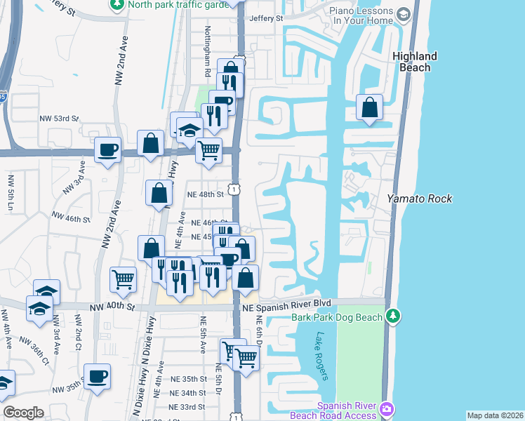 map of restaurants, bars, coffee shops, grocery stores, and more near 647 Northeast 45th Road in Boca Raton
