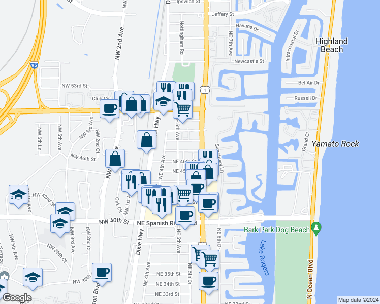 map of restaurants, bars, coffee shops, grocery stores, and more near 559 Northeast 46th Street in Boca Raton