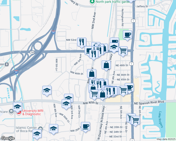 map of restaurants, bars, coffee shops, grocery stores, and more near 4610 Northwest 2nd Court in Boca Raton