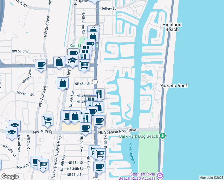 map of restaurants, bars, coffee shops, grocery stores, and more near 647 Northeast 45th Road in Boca Raton