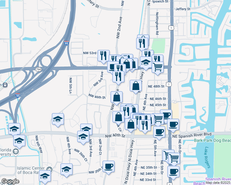 map of restaurants, bars, coffee shops, grocery stores, and more near 4726 Northwest 2nd Avenue in Boca Raton