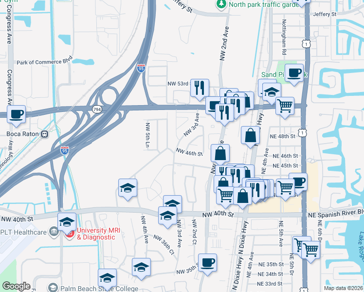 map of restaurants, bars, coffee shops, grocery stores, and more near 292 Northwest 46th Street in Boca Raton